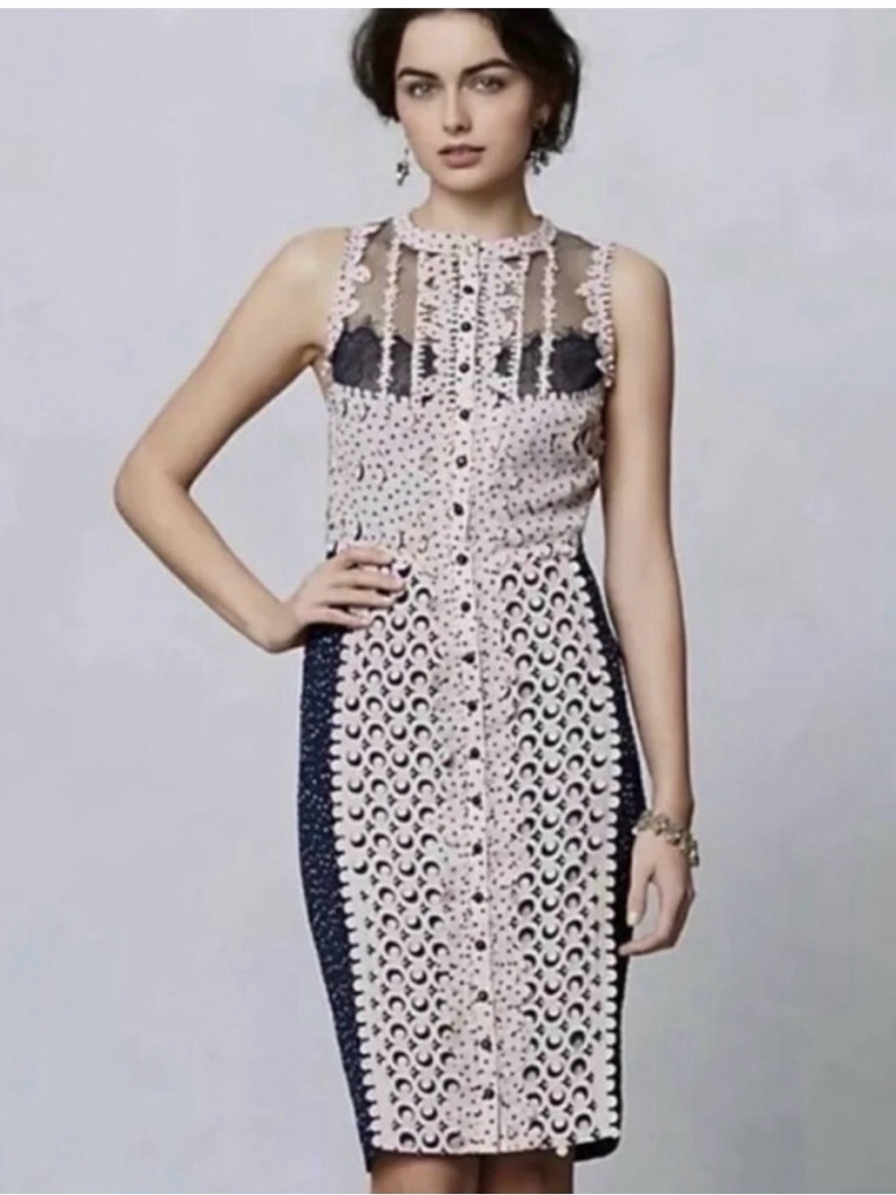 Beguile Byron Lars Anthropologie  Pink and Navy Lace-Panel Midi Dress